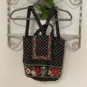 Vintage Vera Bradley 100% Cotton Black Quilt Floral Drawstring Backpack